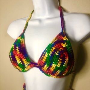 Shattered Rainbow Handmade Crochet Bikini Top Size S/M